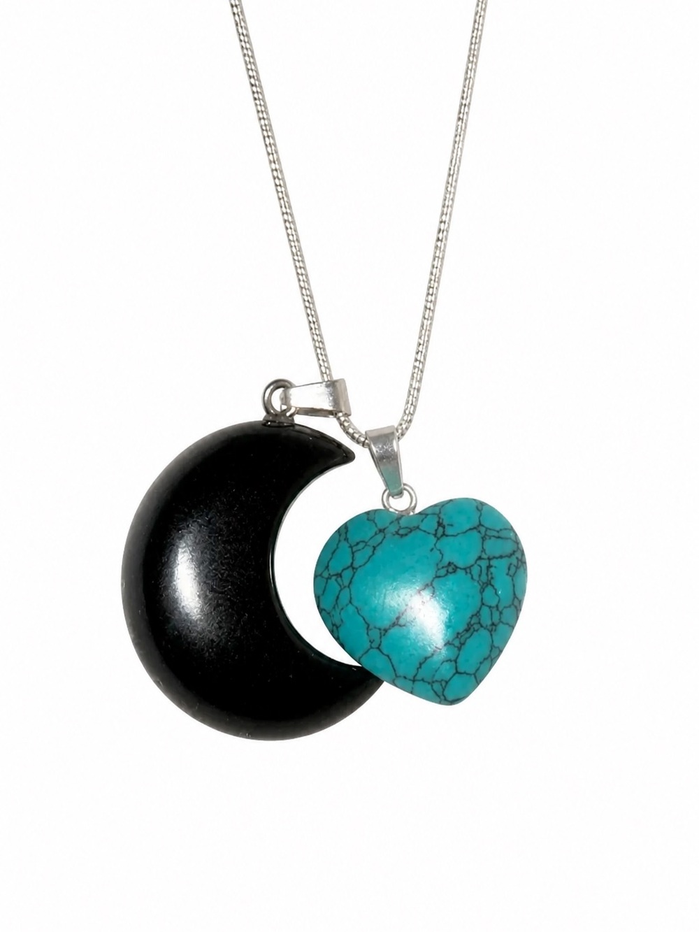 Boho hippie Onyx Moon and Turquoise heart ❤️ Sterling Silver 24” Necklace